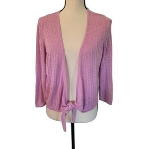 Kate Hill knit eyelet silk blend shrug tie waist, long sleeve, size PL